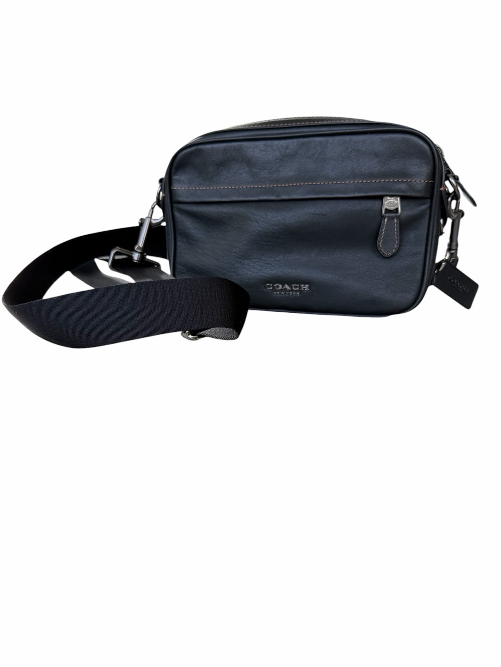 Coach Graham Crossbody Smooth Black Leather Gunmetal Hardware Canvas Strap EC